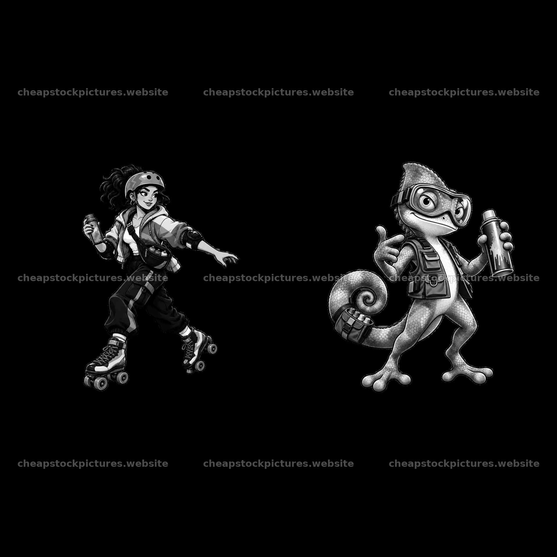 Cartoon characters spray paint graffiti while roller skating – stock pictures 7746x7746