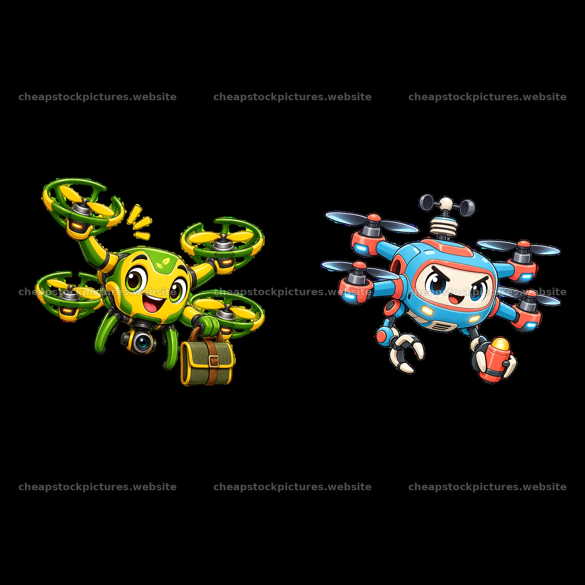 Cartoon drone characters with accessories in playful poses – stock pictures 7746x7746