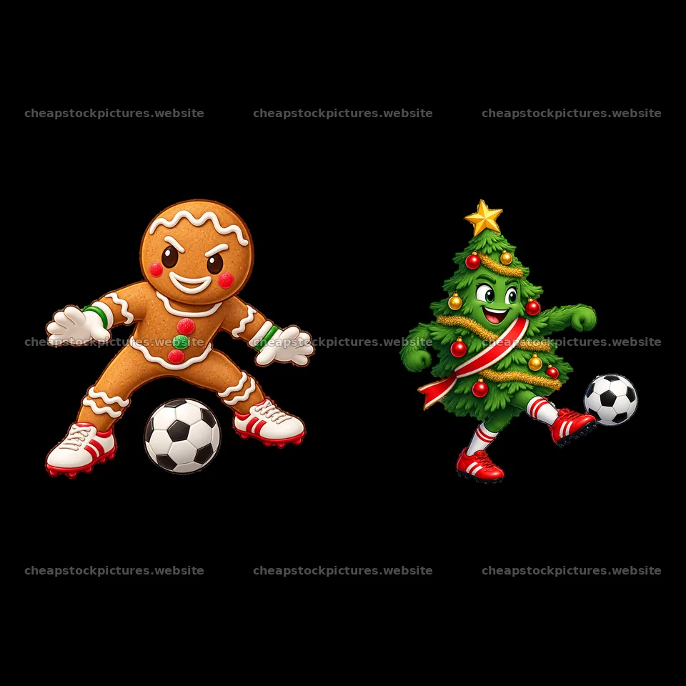 Gingerbread man and Christmas tree playing soccer together – stock pictures 7746x7746