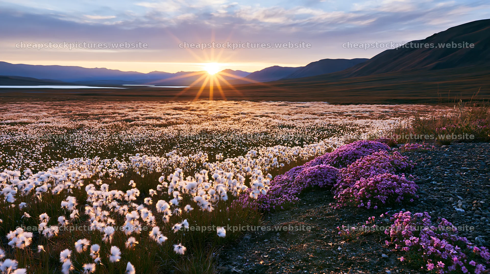 Cottongrass meadow glow under sunset in open landscape – stock pictures 10608x5938