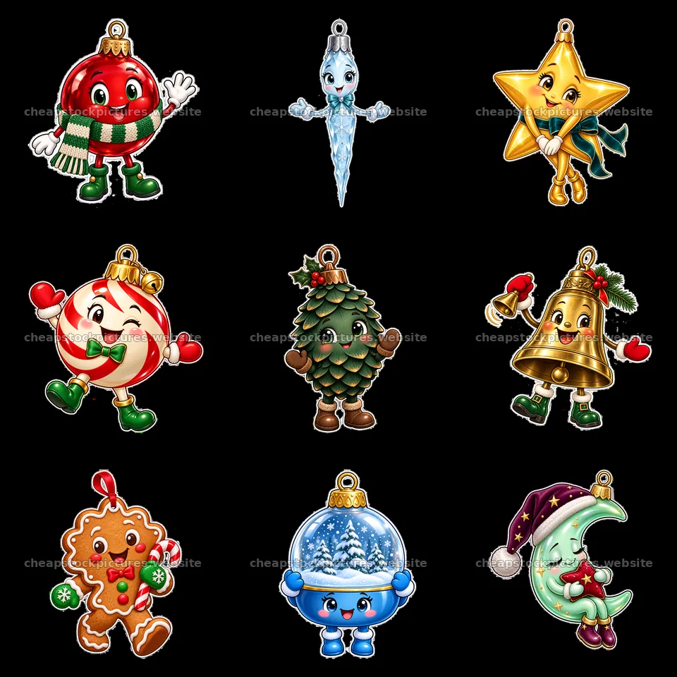 Colorful cartoon Christmas ornaments arranged in a grid layout – stock pictures 7746x7746