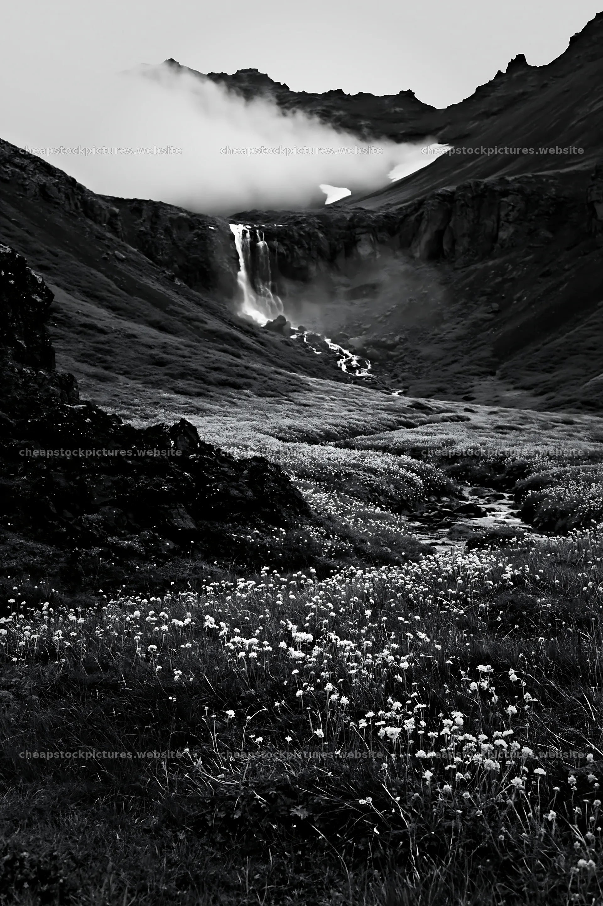 Flowering meadow near mountain falls with waterfall in background – stock pictures 6480x9722