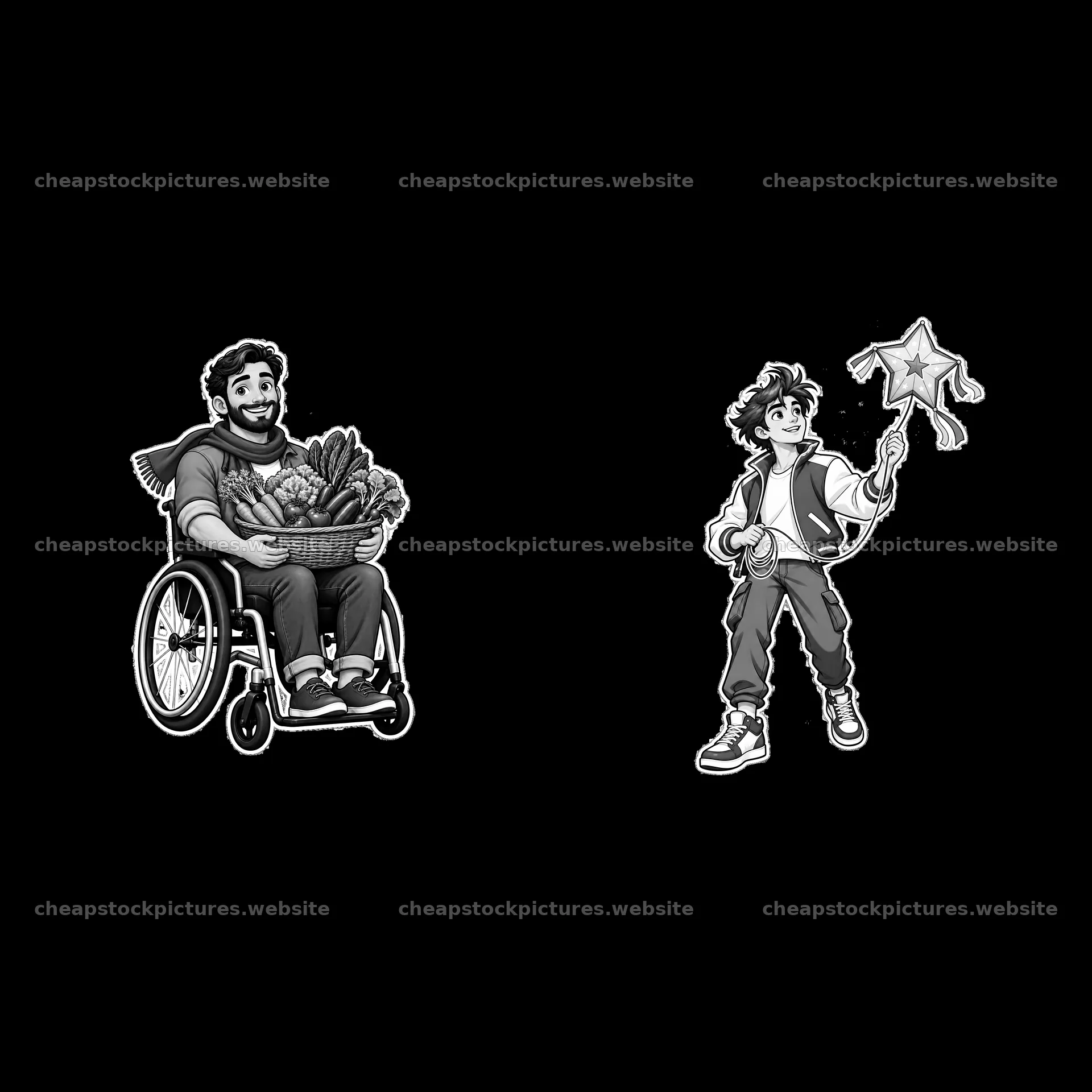 Patriotic characters with wheelbarrow of fruits and a star wand – stock pictures 7746x7746