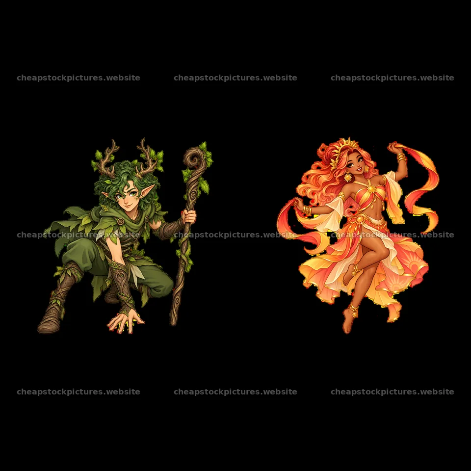 Pagan gods in vibrant attire with staff and flowing ribbons – stock pictures 7746x7746