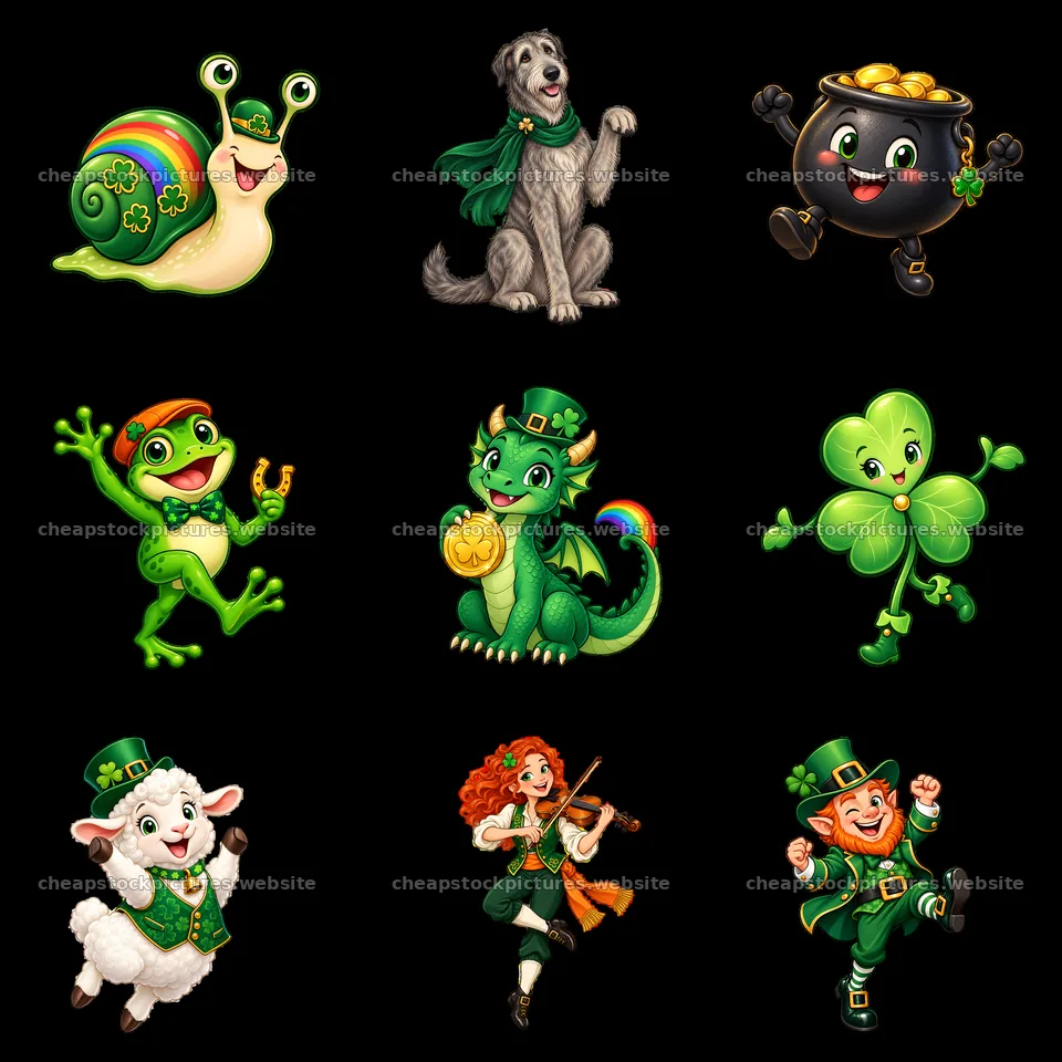 St. Patrick's Day cartoon stickers in a colorful grid – stock pictures 7746x7746