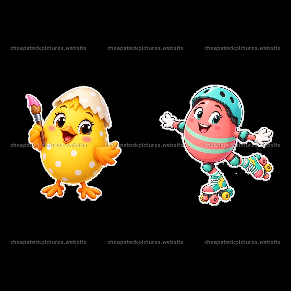 Chick with paintbrush and egg on roller skates in bright colors – stock pictures 7746x7746