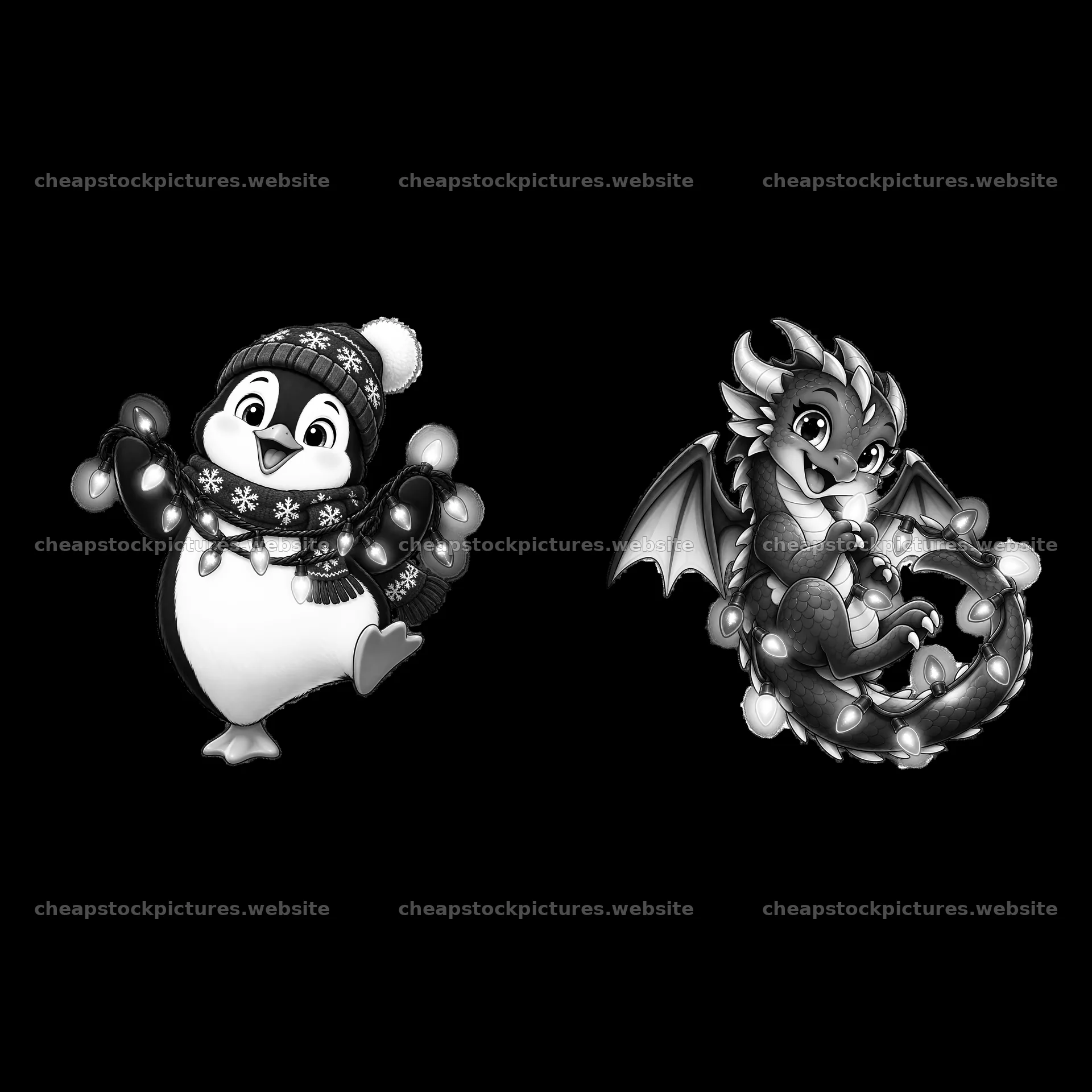 Penguin and dragon holding string lights in playful poses – stock pictures 7746x7746