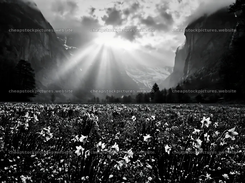 Light rays over Lauterbrunnen Valley meadow with flowers – stock pictures 9174x6866