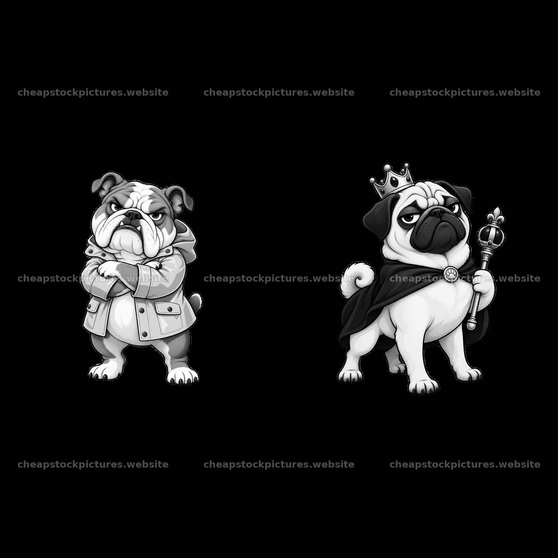 Grumpy dog in coat and royal outfit in monochrome illustration – stock pictures 7746x7746