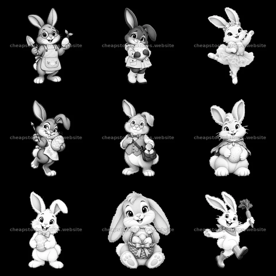 Easter bunny characters in various poses and actions in grid layout – stock pictures 7746x7746