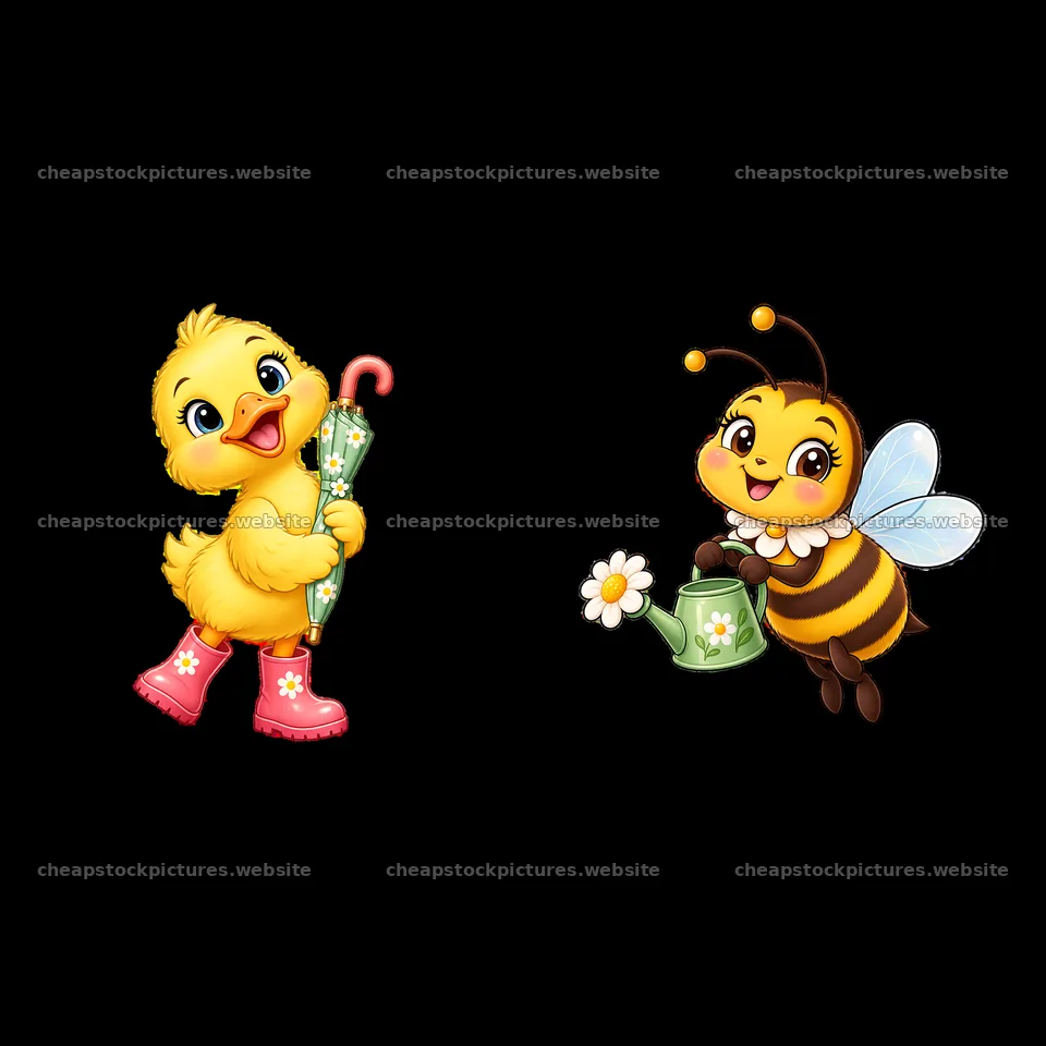 Yellow duckling with umbrella and bee watering flowers – stock pictures 7746x7746