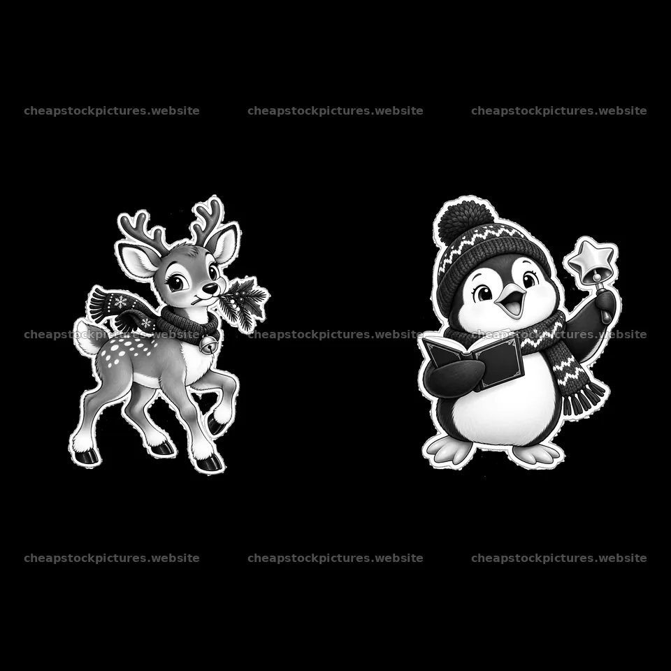 Reindeer and penguin celebrate Christmas with music and cheer – stock pictures 7746x7746