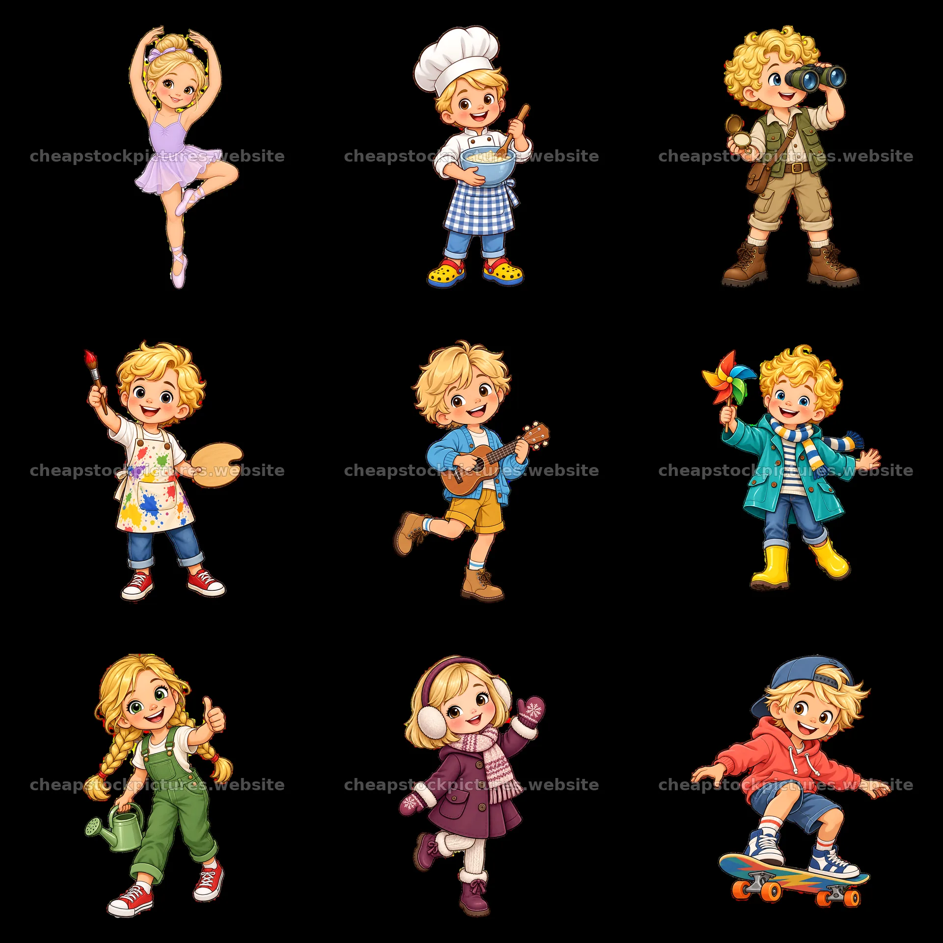Blond child characters engaging in various fun activities – stock pictures 7746x7746