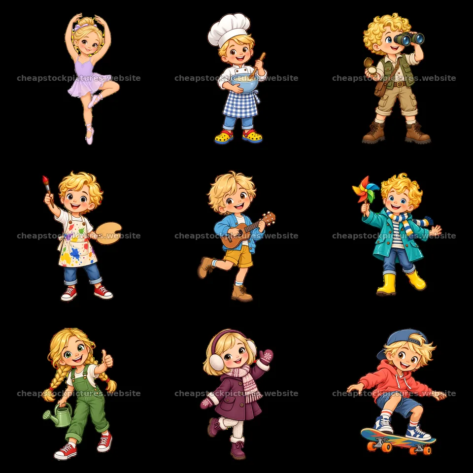 Blond child characters engaging in various fun activities – stock pictures 7746x7746