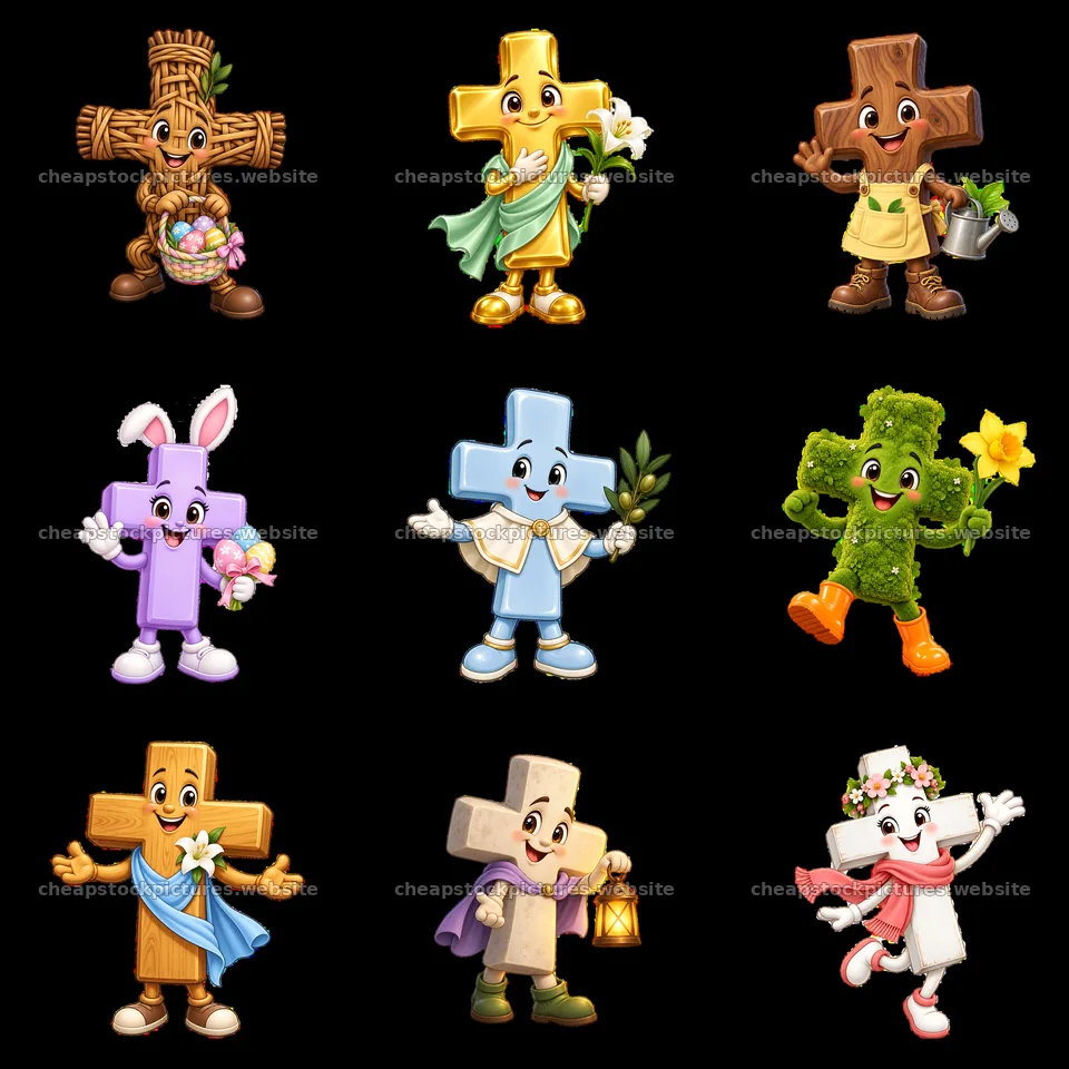 Easter cross cartoon stickers in 3x3 layout with various characters – stock pictures 7746x7746