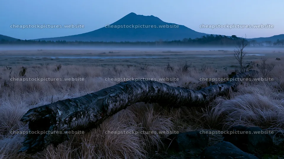 Weathered log in meadow with mountain backdrop at dusk – stock pictures 10608x5938