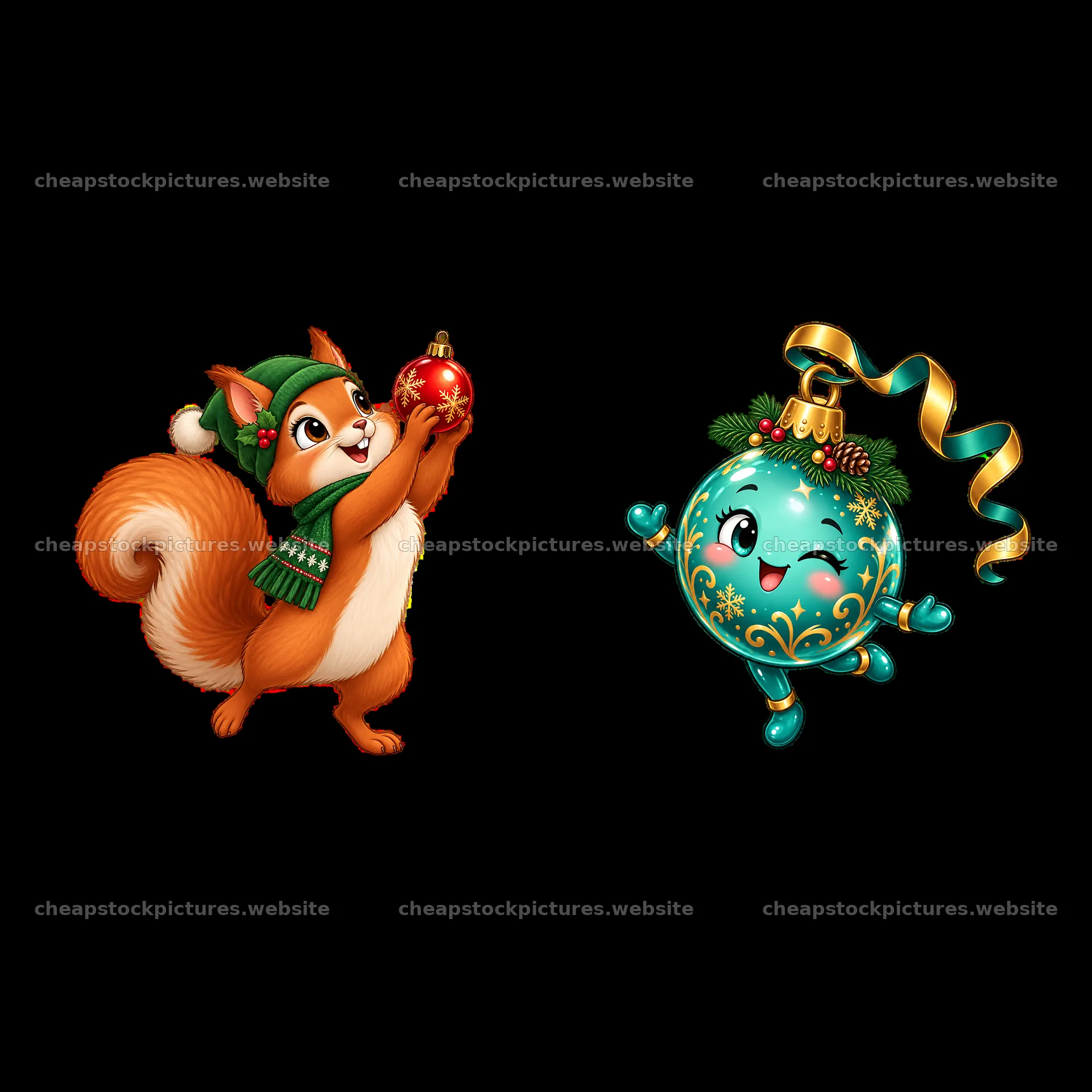 Squirrel holds Christmas ornament next to cheerful ornament – stock pictures 7746x7746