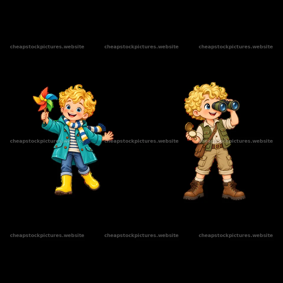 Blond child with pinwheel and binoculars in playful settings – stock pictures 7746x7746
