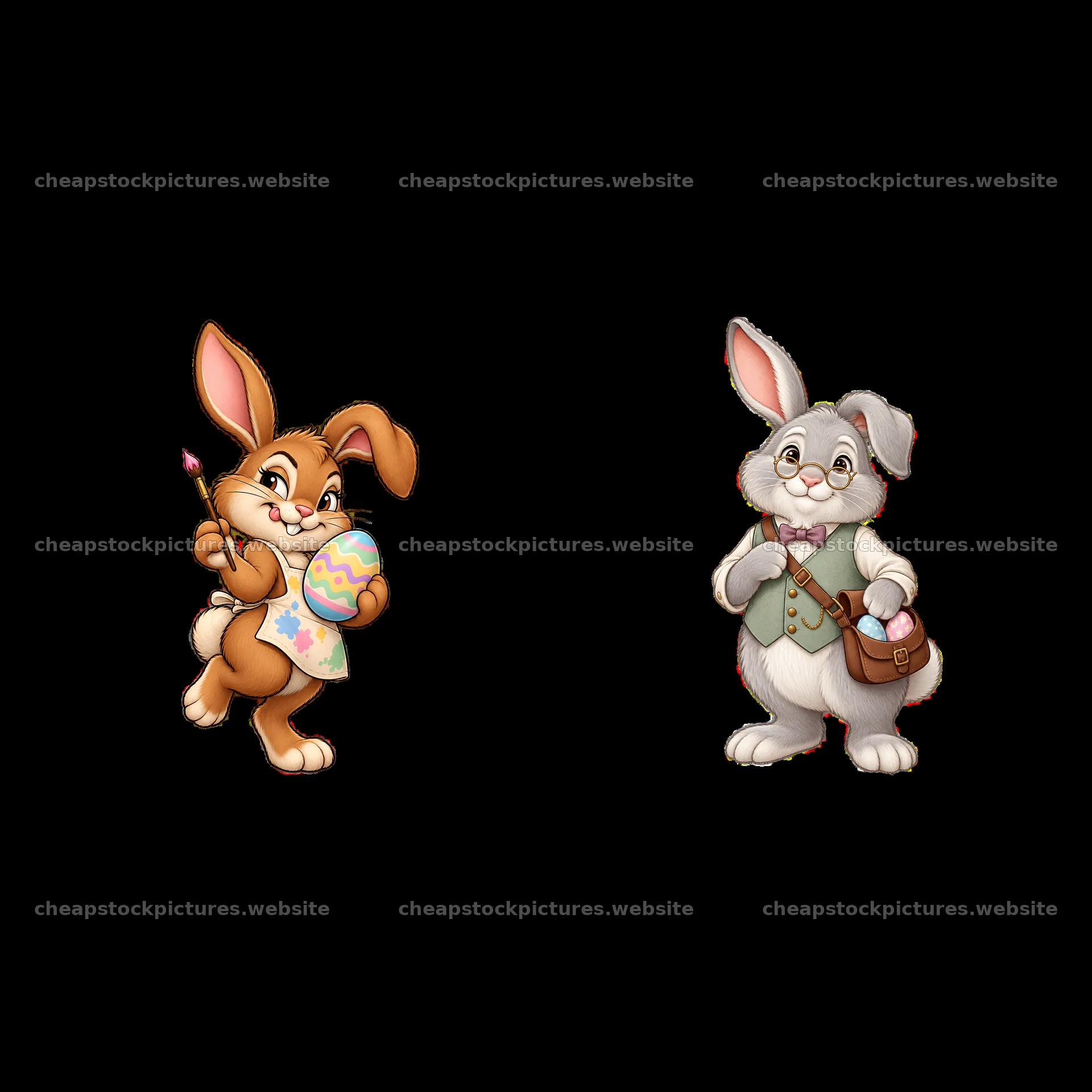 Easter Bunny with painted egg and friendly bunny with bag – stock pictures 7746x7746