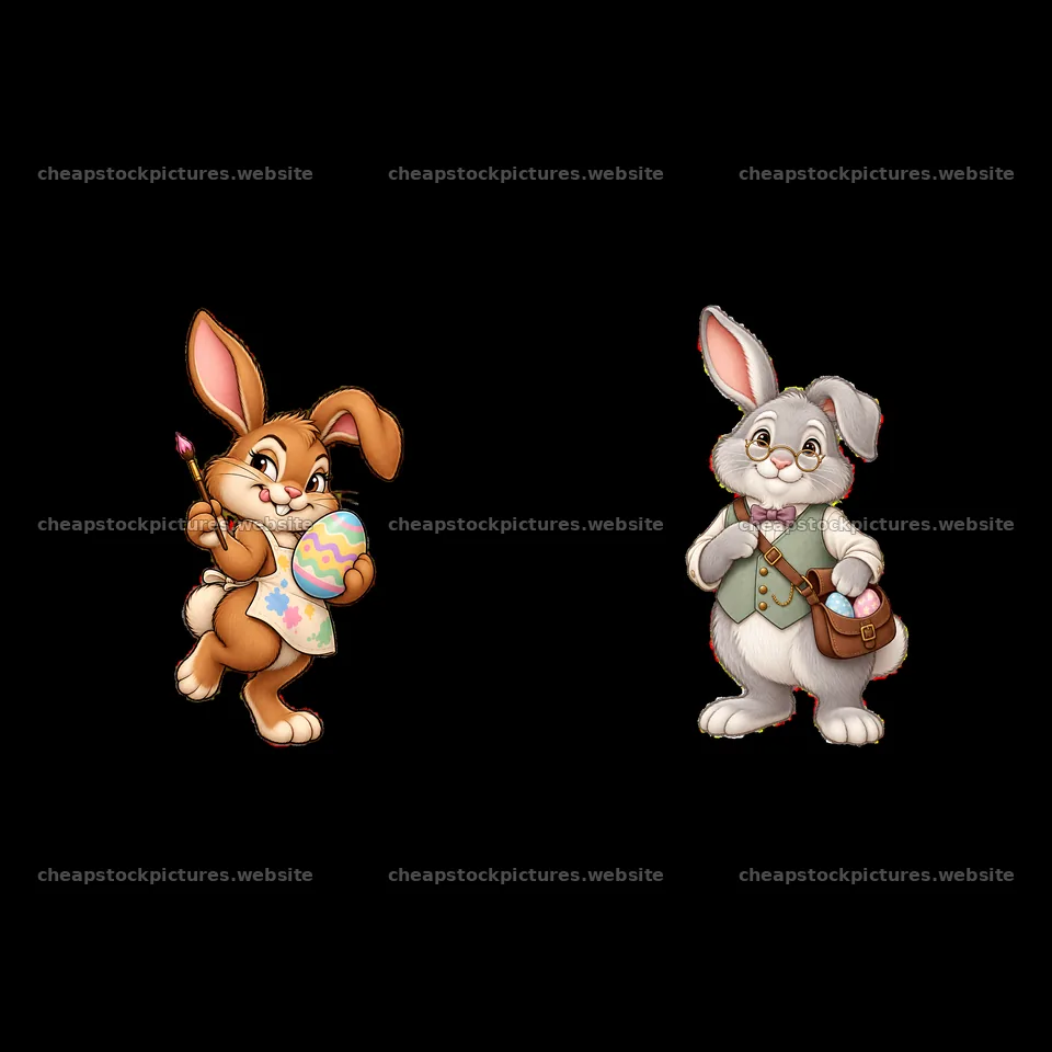 Easter Bunny with painted egg and friendly bunny with bag – stock pictures 7746x7746