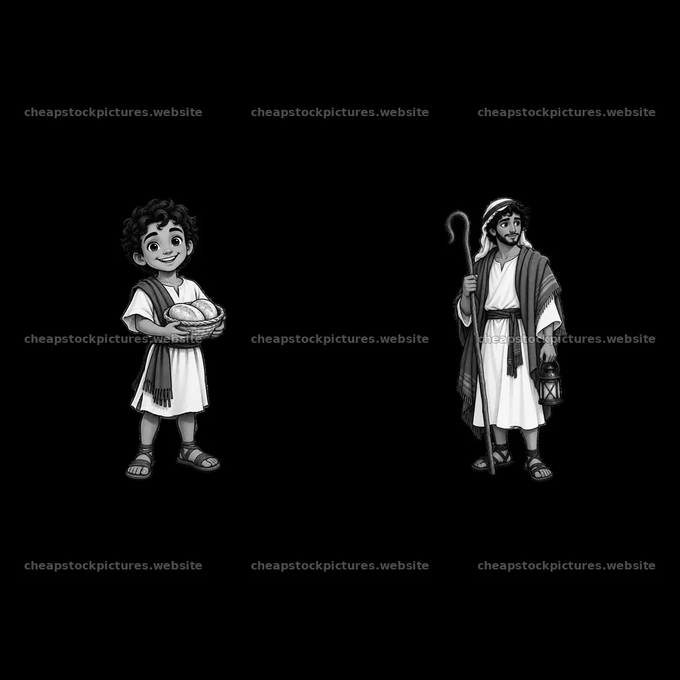 Two cartoon figures of a boy with bread and a shepherd with a staff – stock pictures 7746x7746