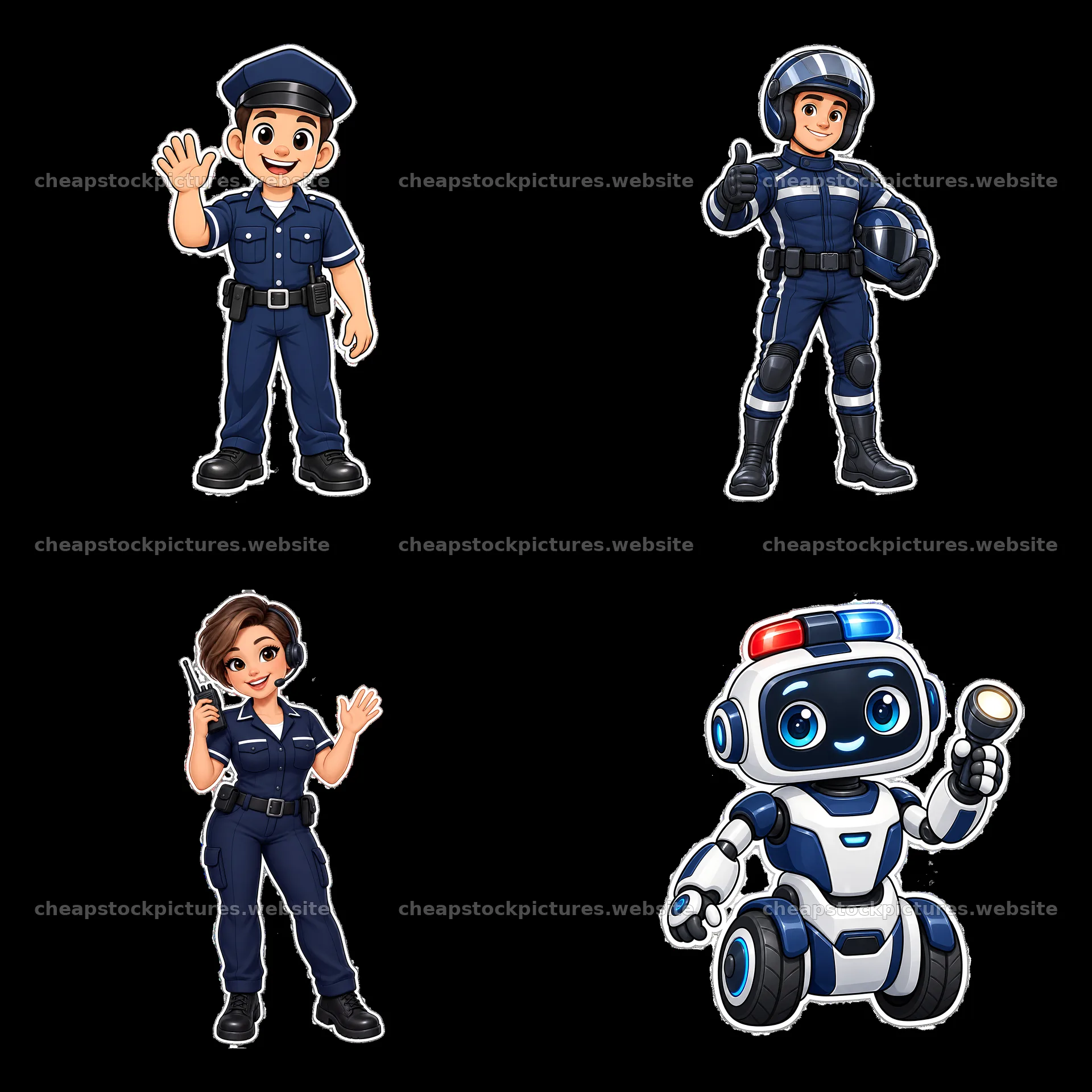 Police officers and robot in a cartoon sticker illustration – stock pictures 7746x7746