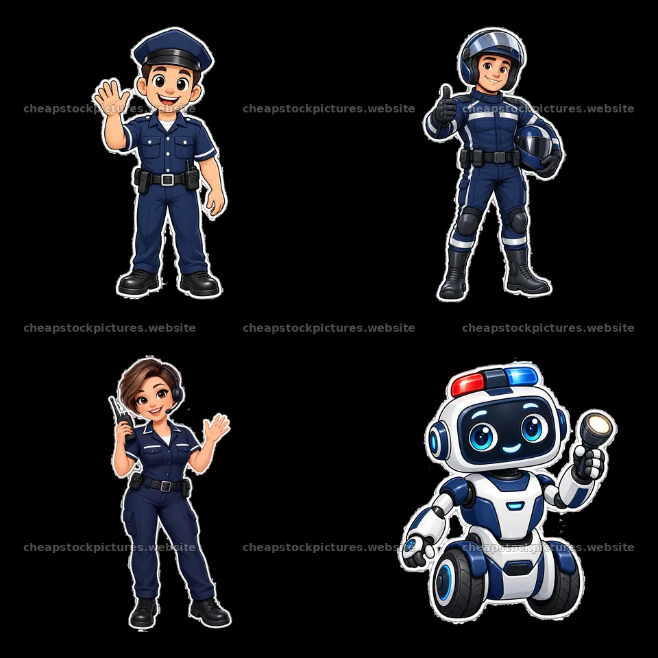Police officers and robot in a cartoon sticker illustration – stock pictures 7746x7746