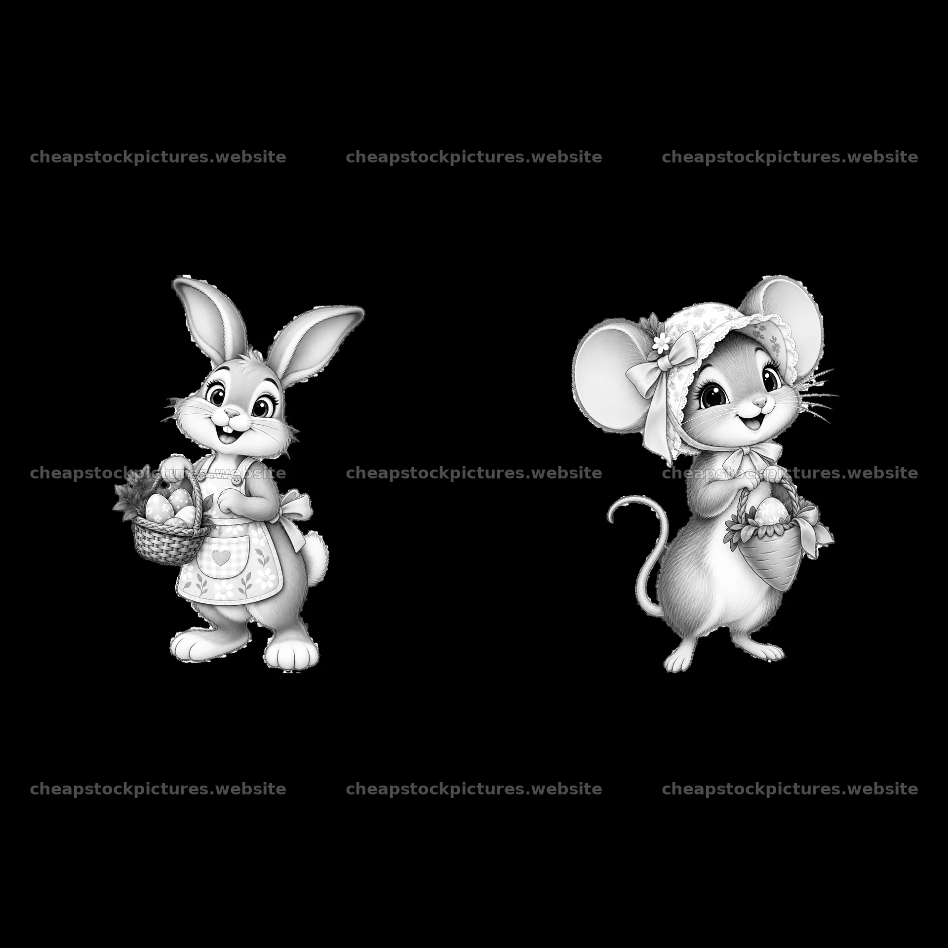 Easter bunny and mouse with baskets in a meadow setting – stock pictures 7746x7746