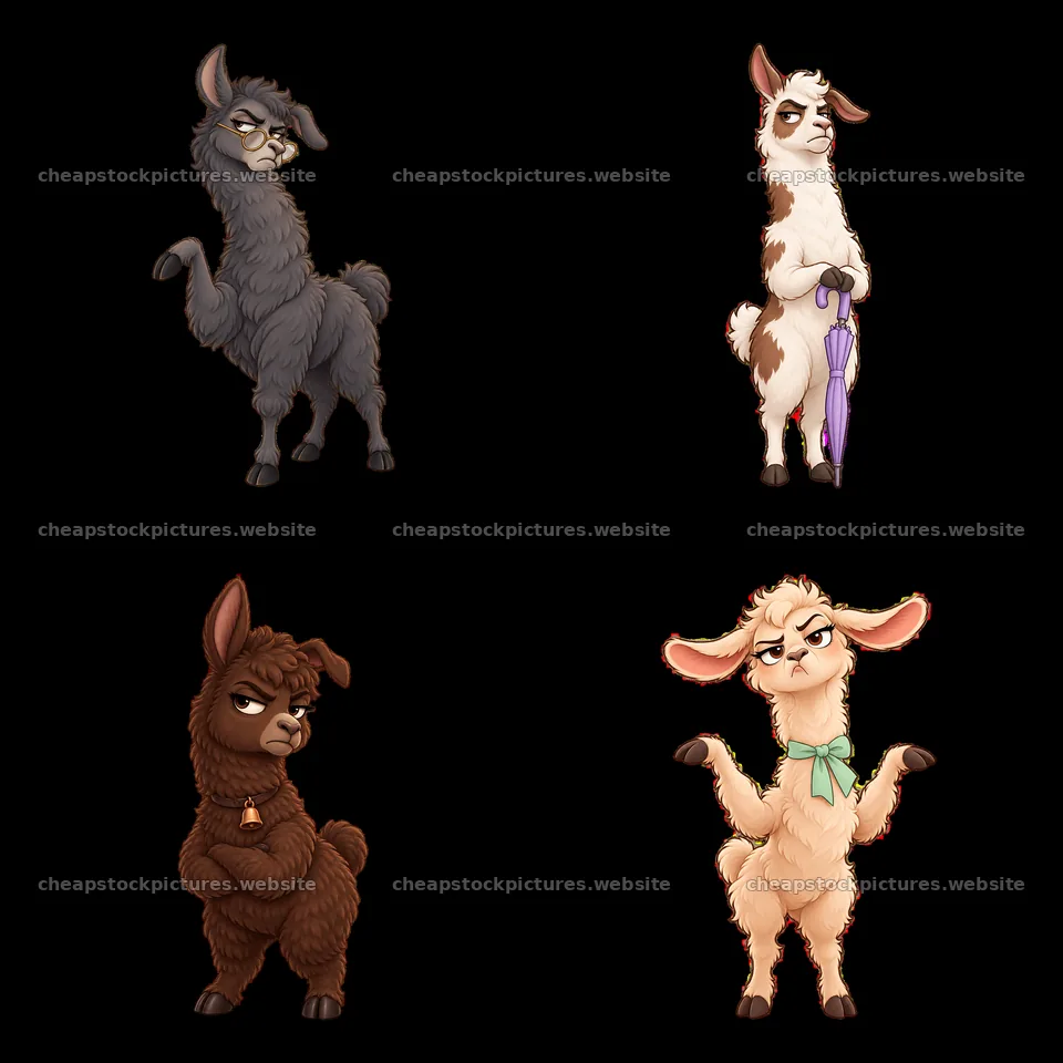 Grumpy llamas in different poses with accessories in a grid – stock pictures 7746x7746