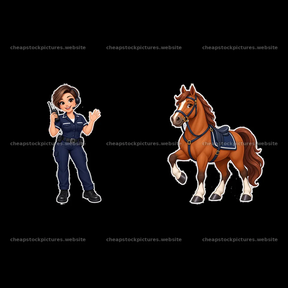 Police officer with horse in cartoon sticker illustration – stock pictures 7746x7746