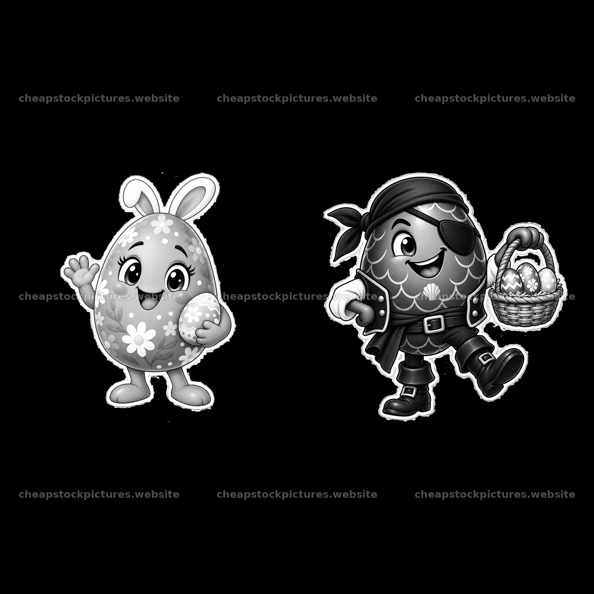 Colorful Easter eggs with a cheerful bunny and a pirate character – stock pictures 7746x7746