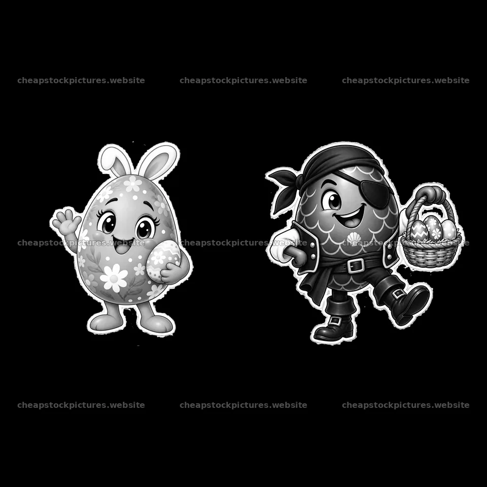 Colorful Easter eggs with a cheerful bunny and a pirate character – stock pictures 7746x7746