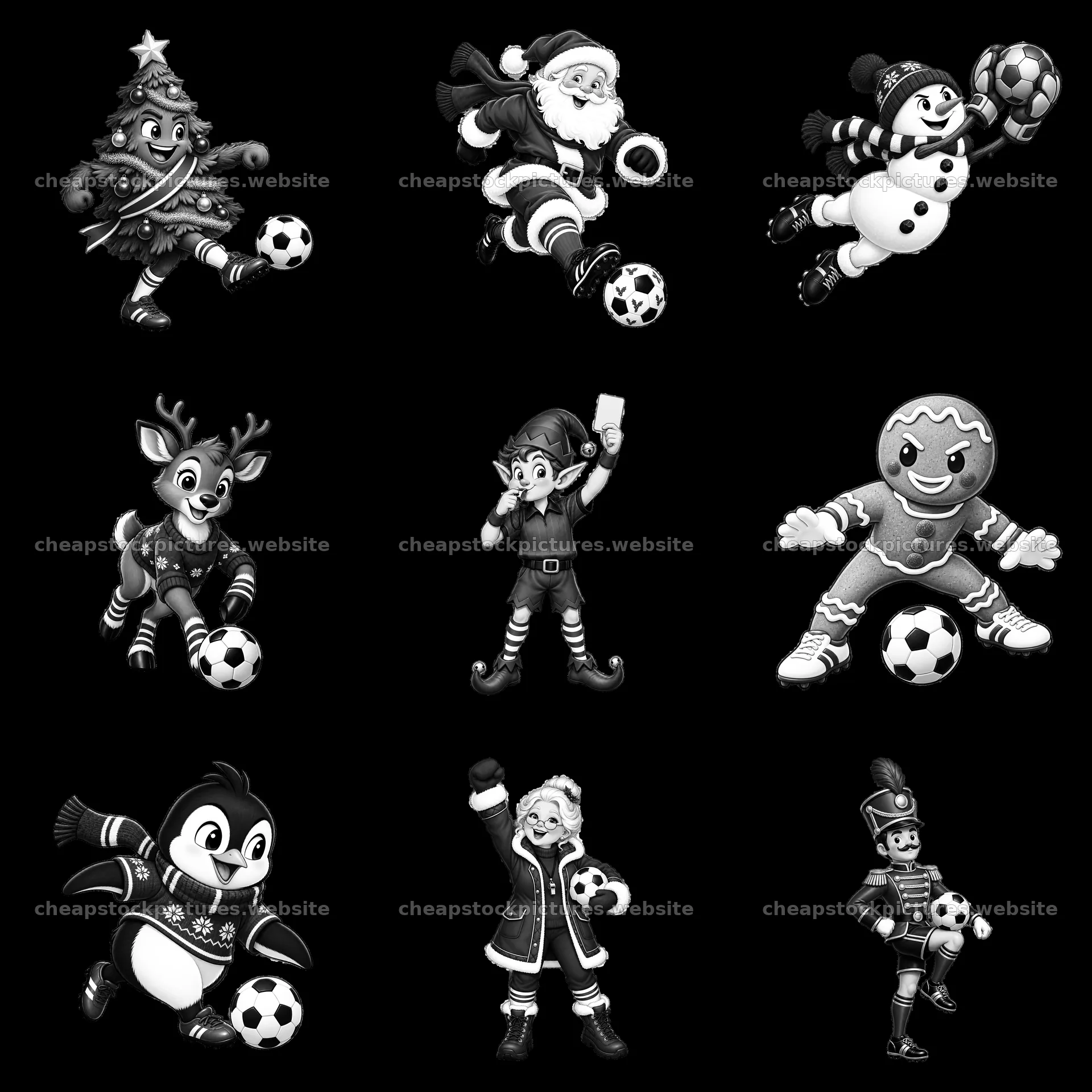 Christmas theme soccer characters in a 3x3 grid layout – stock pictures 7746x7746