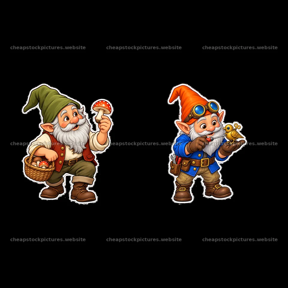Two cheerful gnomes holding mushrooms and a snail – stock pictures 7746x7746