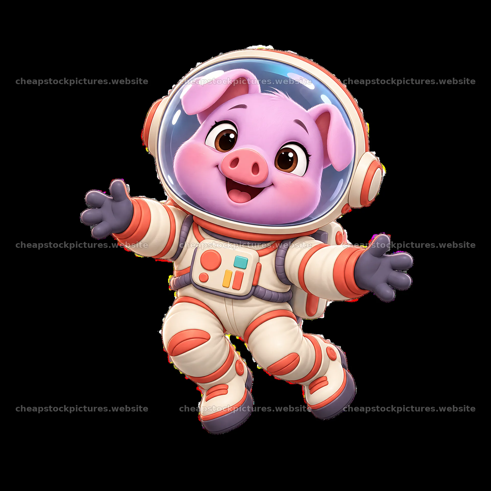 Pig in a spacesuit floating in space with a joyful expression – stock pictures 7746x7746