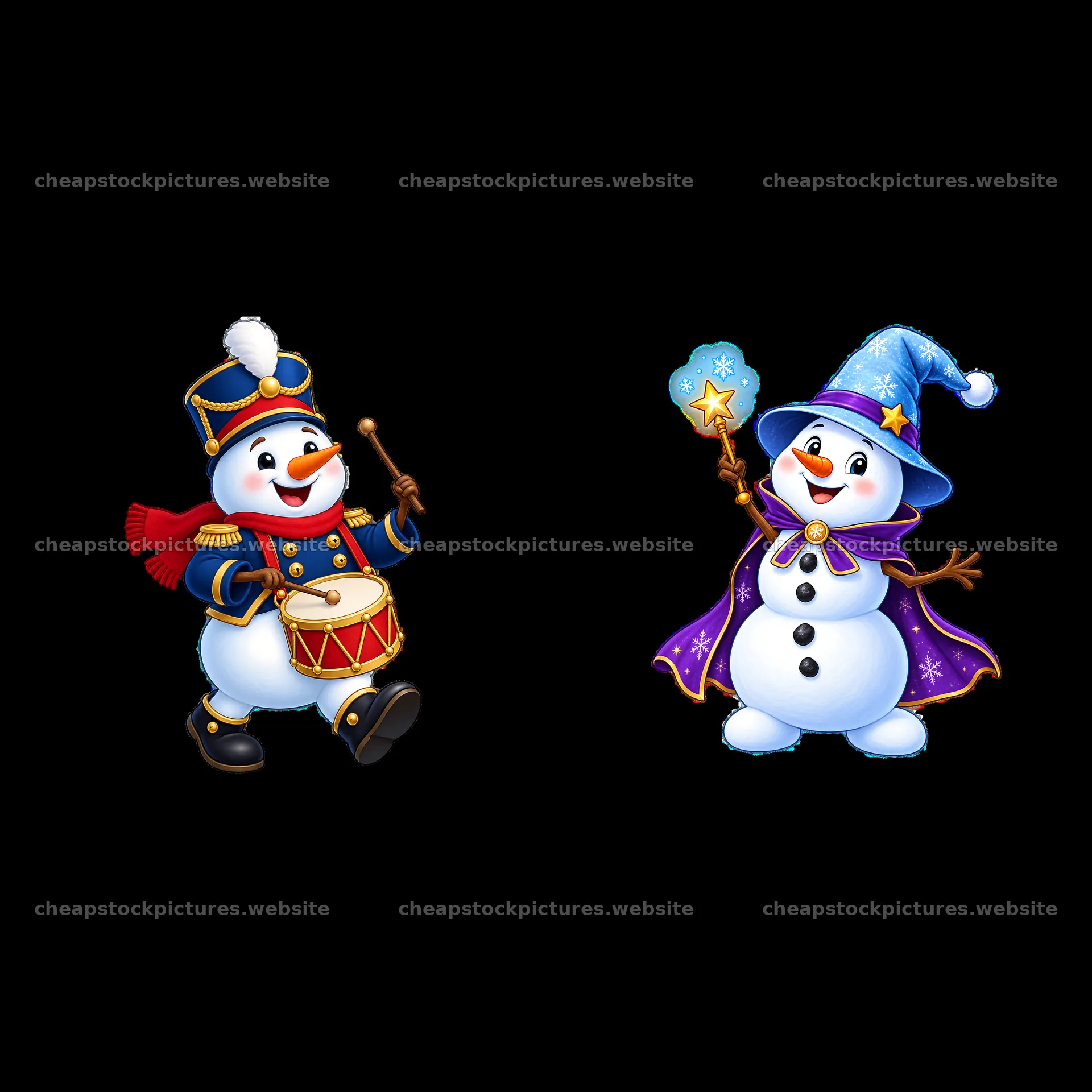Christmas snowman characters with drum and magic wand – stock pictures 7746x7746