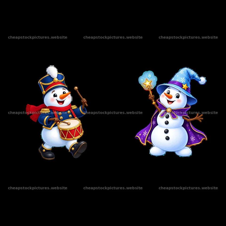 Christmas snowman characters with drum and magic wand – stock pictures 7746x7746
