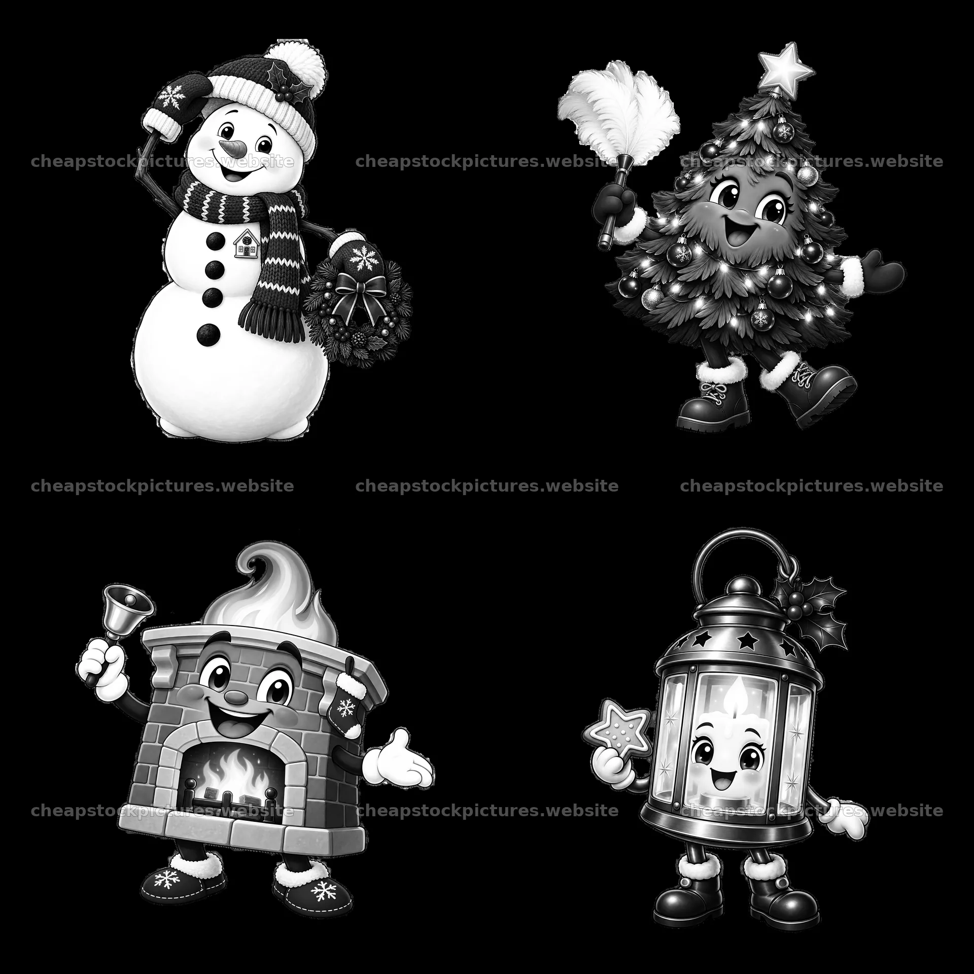 Snowman, Christmas tree, fireplace, and lantern cartoon stickers – stock pictures 7746x7746