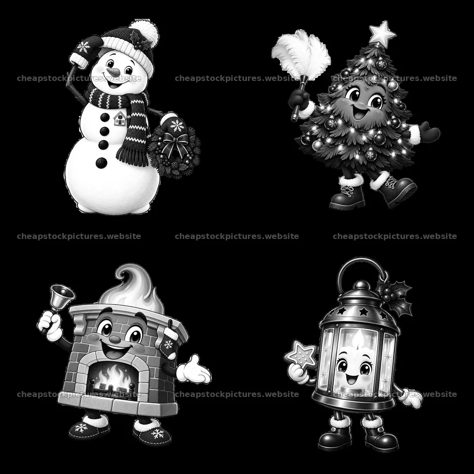 Snowman, Christmas tree, fireplace, and lantern cartoon stickers – stock pictures 7746x7746