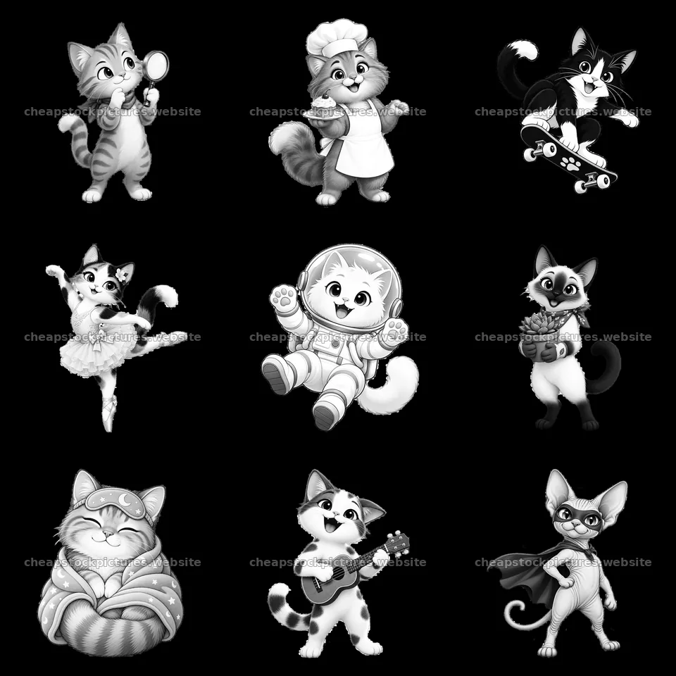 Cats in various fun activities in a 3x3 grid layout – stock pictures 7746x7746