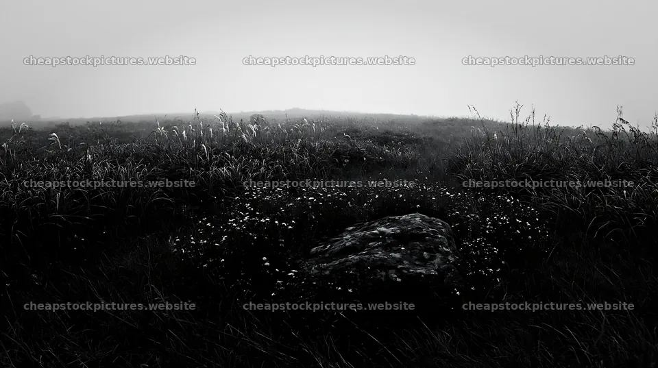 Aomori climate resilient meadow with boulder and fog – stock pictures 10608x5938