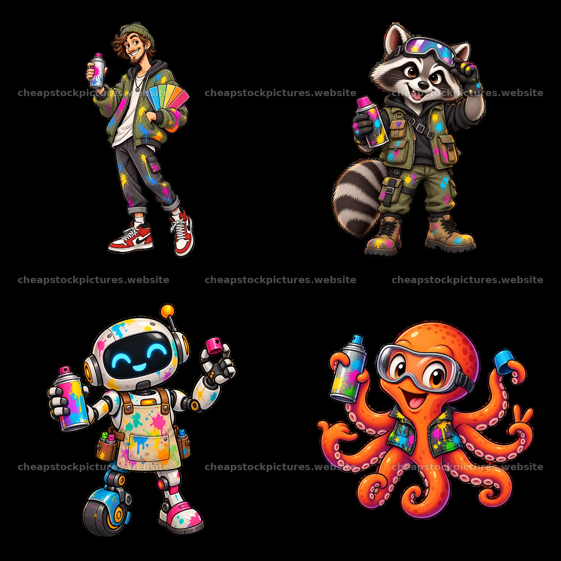 Graffiti sprayer characters in a colorful square layout – stock pictures 7746x7746