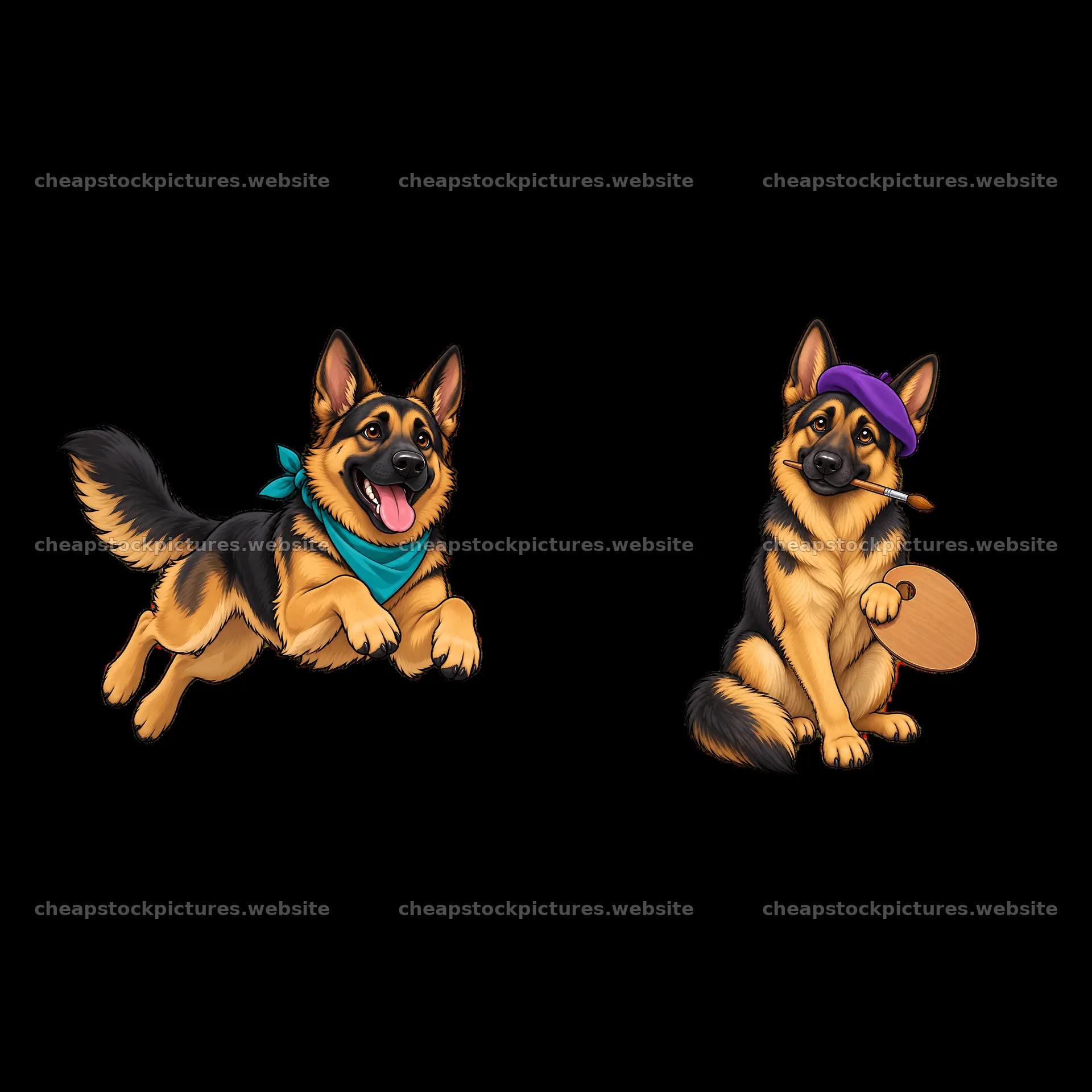 Two playful German Shepherd dogs with toys and bandanas – stock pictures 7746x7746
