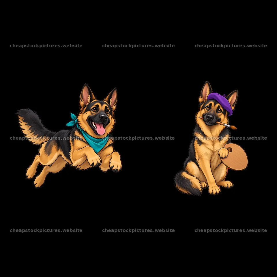 Two playful German Shepherd dogs with toys and bandanas – stock pictures 7746x7746