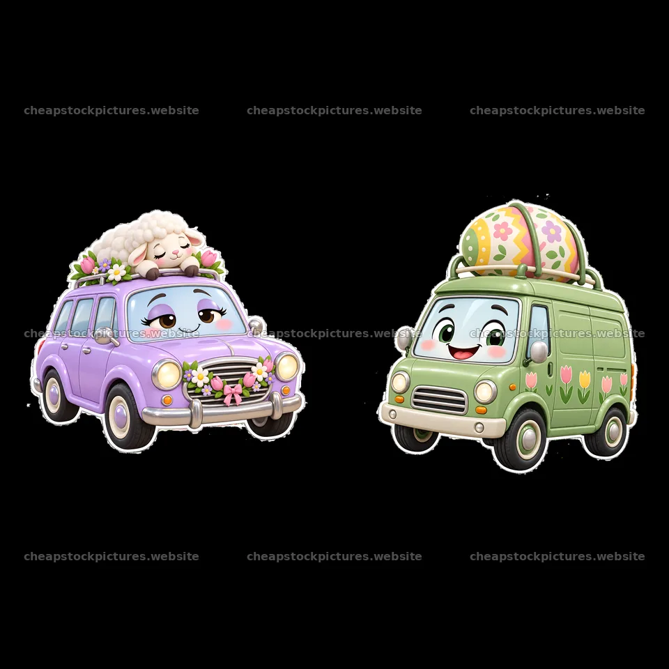 Easter cars with sheep and decorated eggs driving together – stock pictures 7746x7746