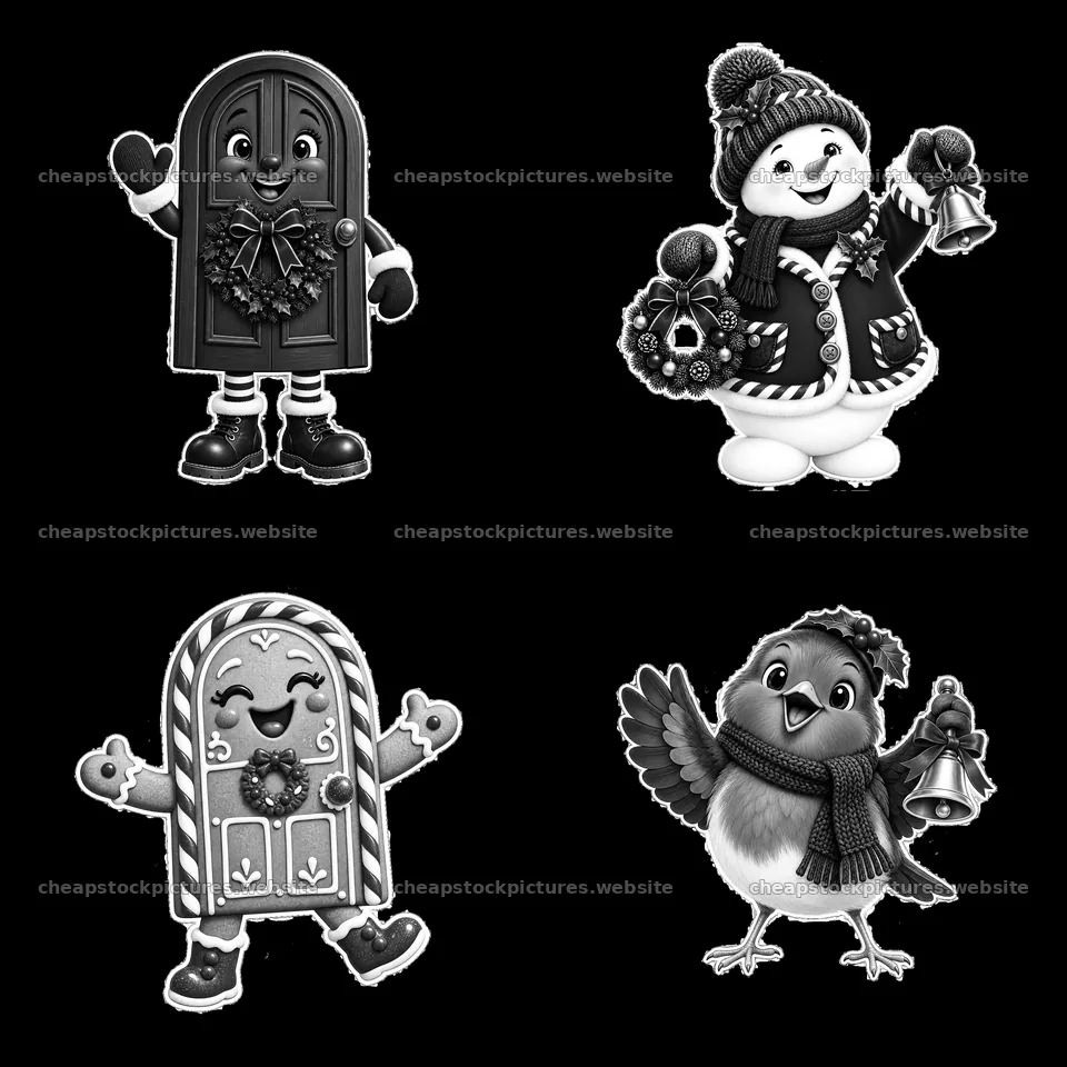 Christmas door characters with festive elements in black and white – stock pictures 7746x7746