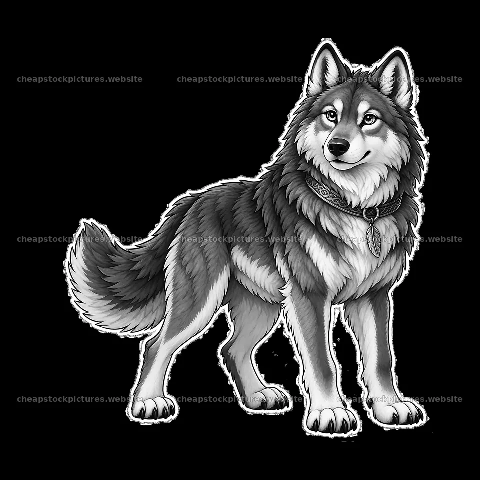 Odin's wolf companion in monochrome cartoon illustration – stock pictures 7746x7746