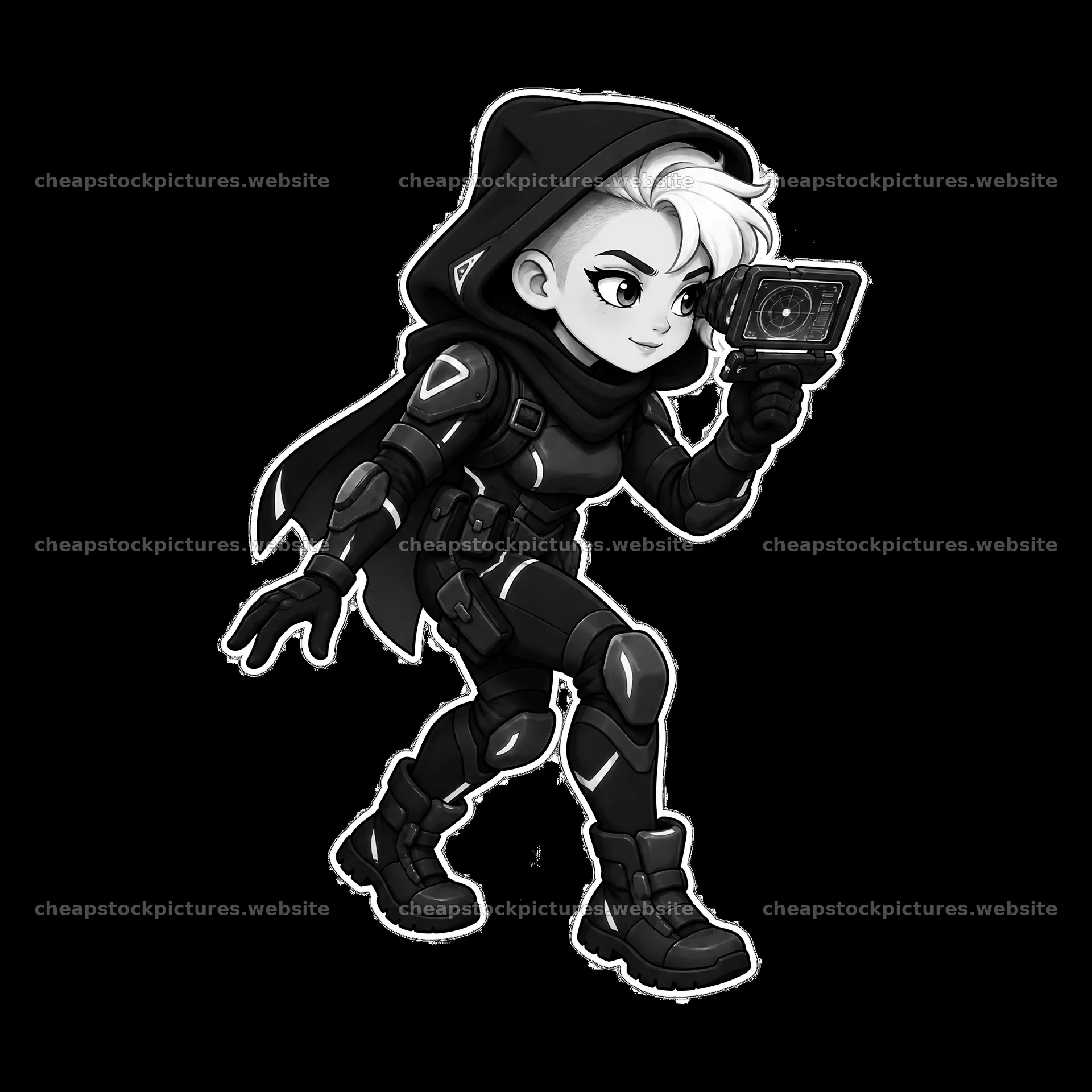 Kawaii futuristic super-soldier holding camera and walking – stock pictures 7746x7746