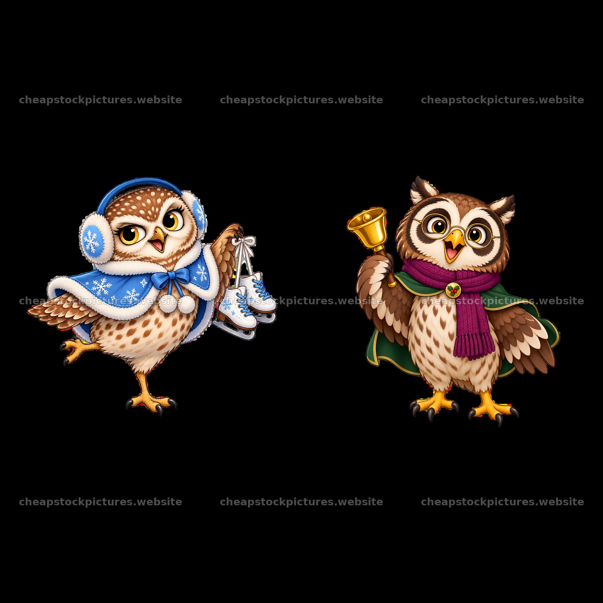 Christmas owls with ice skates and bell in winter attire – stock pictures 7746x7746