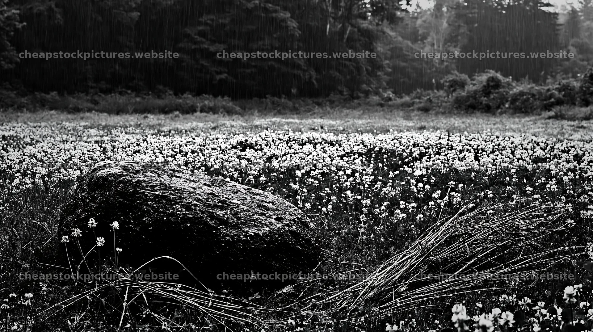 Nagano drought resilient meadow granite boulder in rainy weather – stock pictures 10608x5938